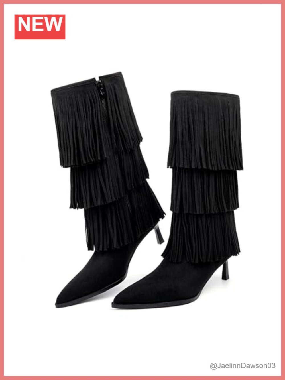 Vertundy Fringe Boots Kitten Heel Pointed Toe Suede Mid-Calf Pull-On
